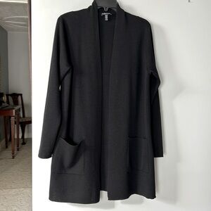 Eileen Fisher long black wool cardigan. Size PL